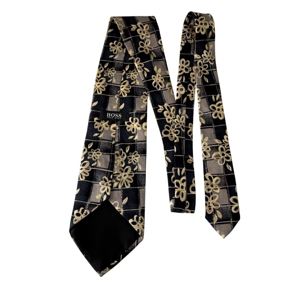 Hugo Boss‎ Mens Silk Necktie Black Grey Ivory Floral Made in Italy Designer